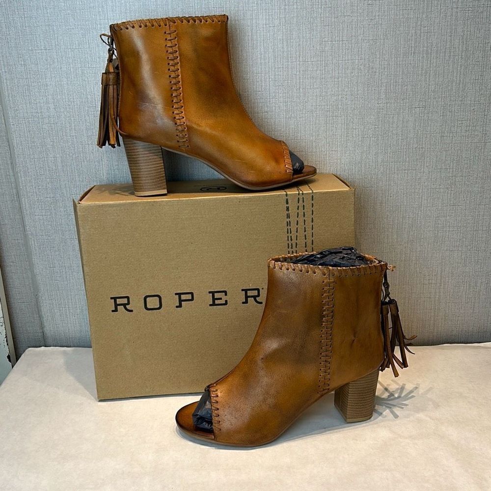 NEW Roper Betsy Leather Sandal Sz 10.5 Open Toe Tan 3" Heel Back Zipper Western